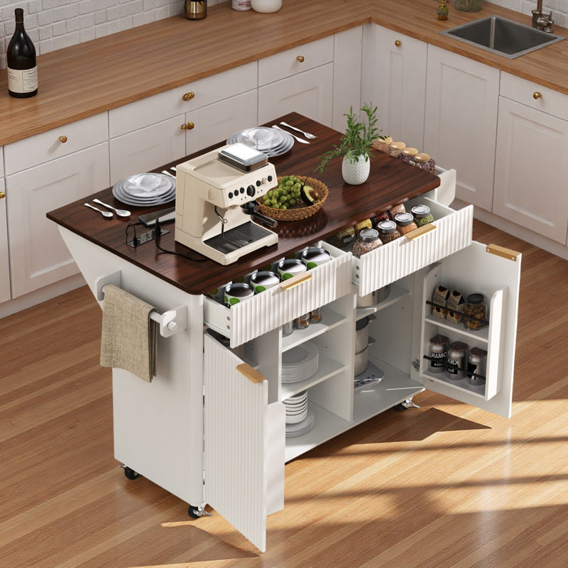 Fluted Kitchen Island With Drop Leaf, Power Outlet, Adjustable Shelves, 2 Doors And 2 Drawers, White