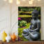 Toile, statue de Bouddha sereine posée dans une pose méditative sur un mur, galets noirs lisses entourés de mousse verte vibrante et art mural sur toile colorée-1231582632