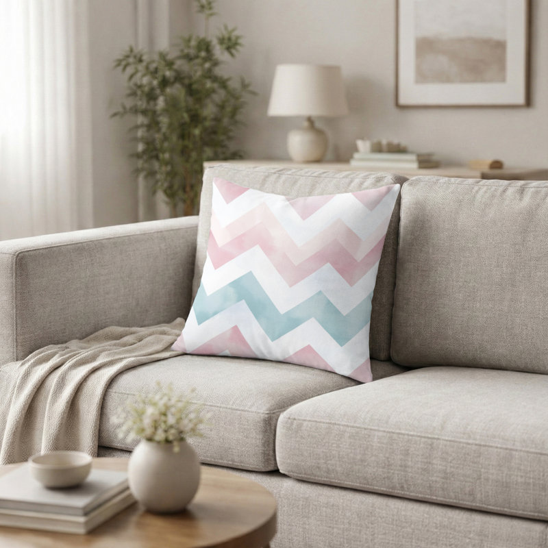 Coussin décoratif à chevrons - Coussin rose à imprimé zigzags, H 18 po x l 18 po