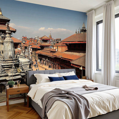 Peel and Stick Wallpaper 96" W x 69" H Modern Self Adhesive Wall Mural for Bedroom Kathmandu Building Town Square Roof Tile Architecture