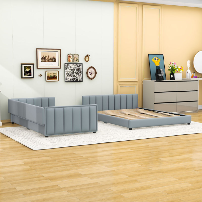 Yoli Queen Size PU Upholstered Platform Bed with Slats, Gray