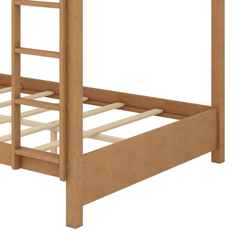 Queen-Over-Queen Sturdy Wooden Bunk Bed With Ladder & Safety Guardrail, Wood