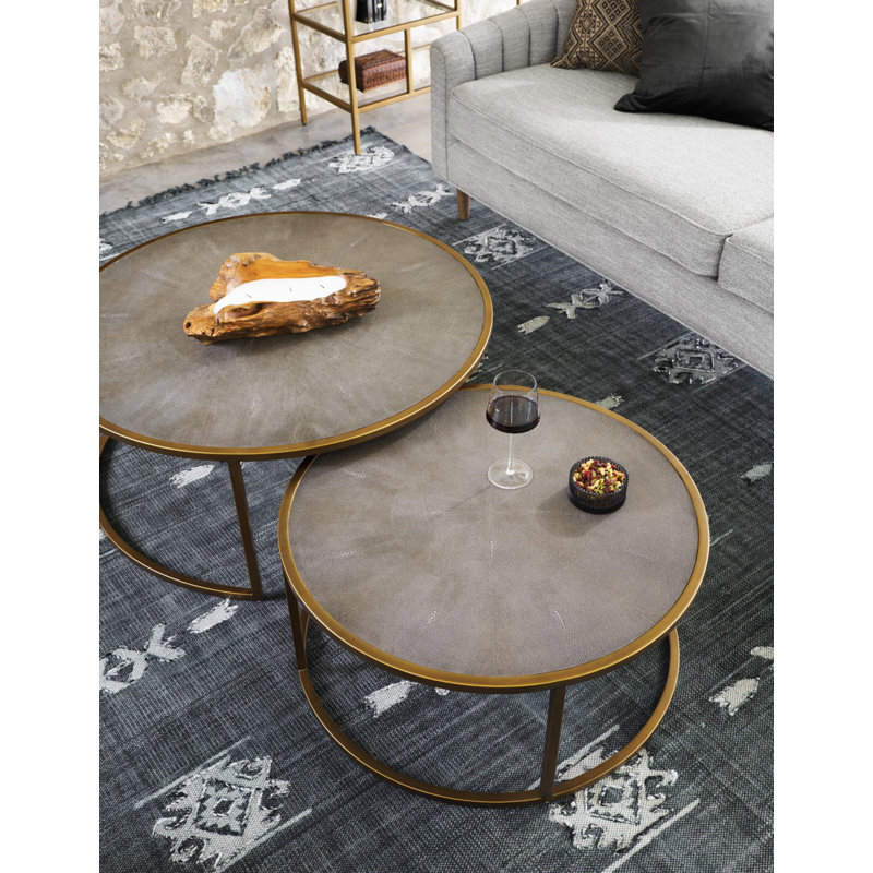 Shagreen Nesting Coffee Table, Antique Brass, Gray Shagreen