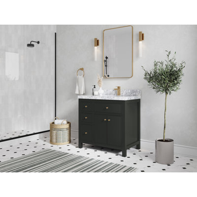 Sonoma 36 In. W X 22 In. D Right Offset Sink Bathroom Vanity In Blacktop With 2 In. Calacatta Poanazzo Quartz
