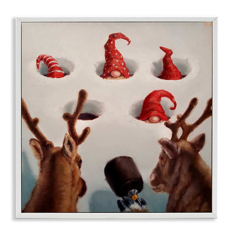 Holiday Whack an Elf Humor, estampe numérique par Lucia Heffernan, Giclée encadrée blanc bord de mer, H 17 po x l 17 po