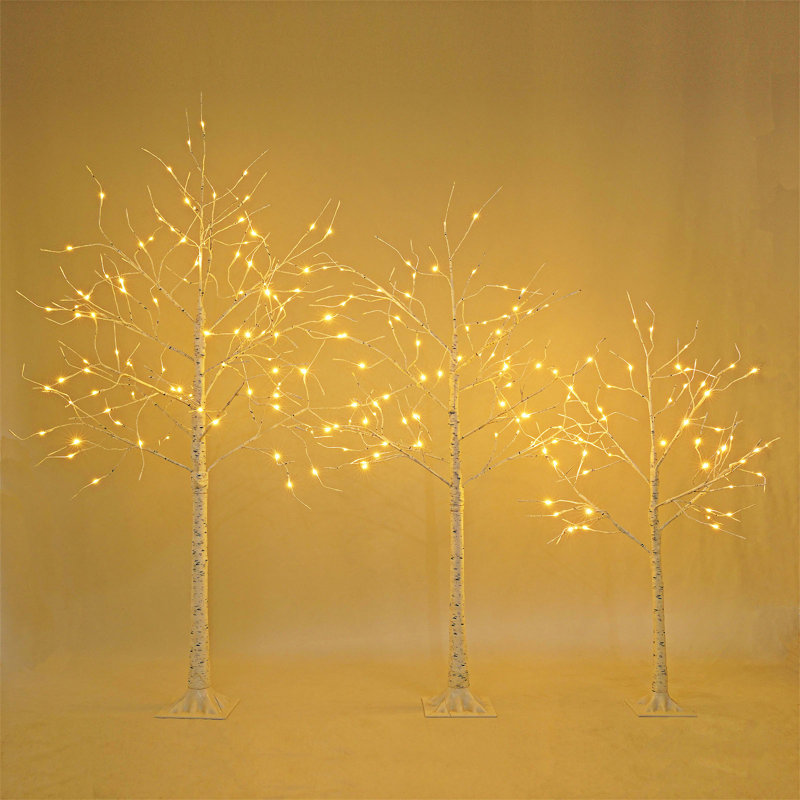 Set of Lighted Birch Tree 4FT 48 LED/5FT 72 LED/6FT 96 LED Artificial Tree with Warm  Lights