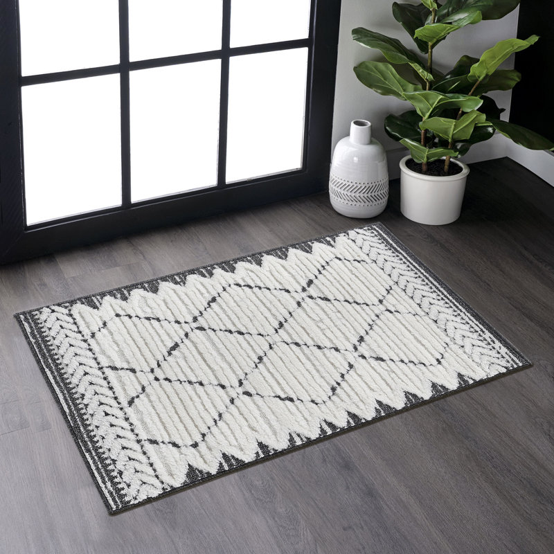 Step Collection High-Low Trellis Cream/Anthracite Indoor Area Rug, 2'X3', Modern, Contemporary, Geometric, Bohemian, Bedroom, Kitchen, Living Room, Doormat, Non Shedding Carpet