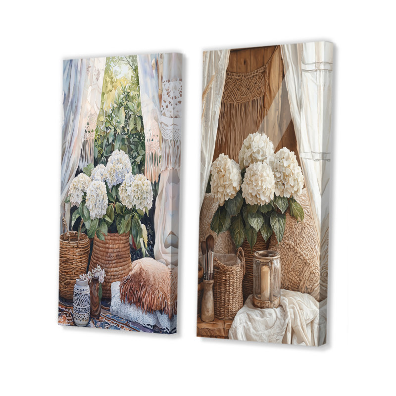 Boho hortensias par la tente Boho I - impressions sur toile florales 2 panneaux, H 28 po x l 25 po, Toile tendue