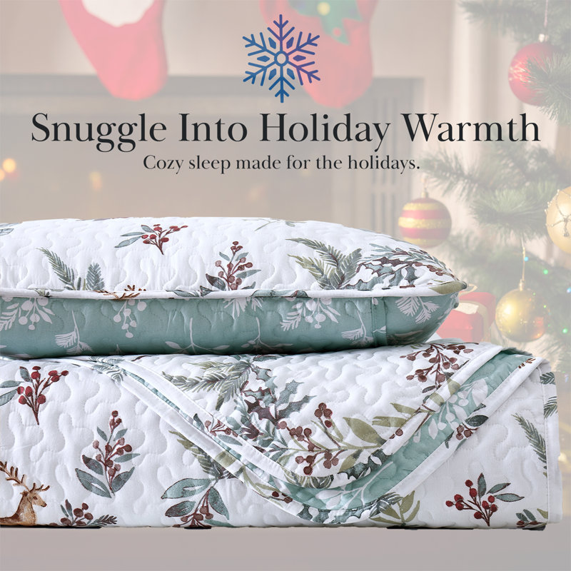 Happy Holidays White/Green Microfiber Reversible Quilt Set, Twin Quilt + 1 Shams