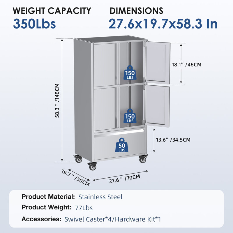 Armoire de rangement 58,3 po en acier inoxydable