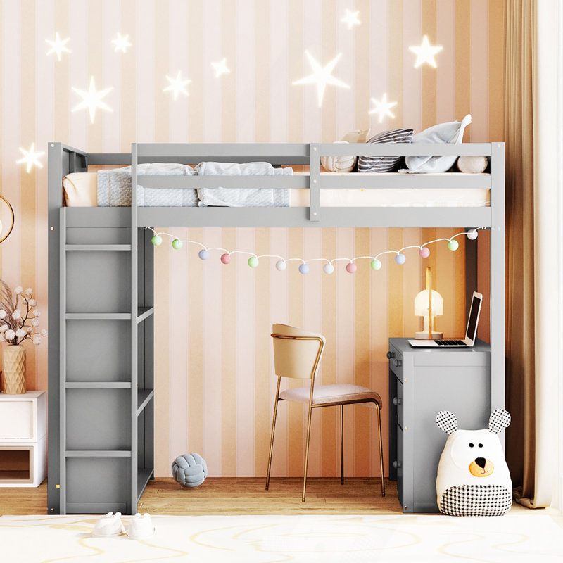 Lit mezzanine simple avec échelle, tablettes et bureau