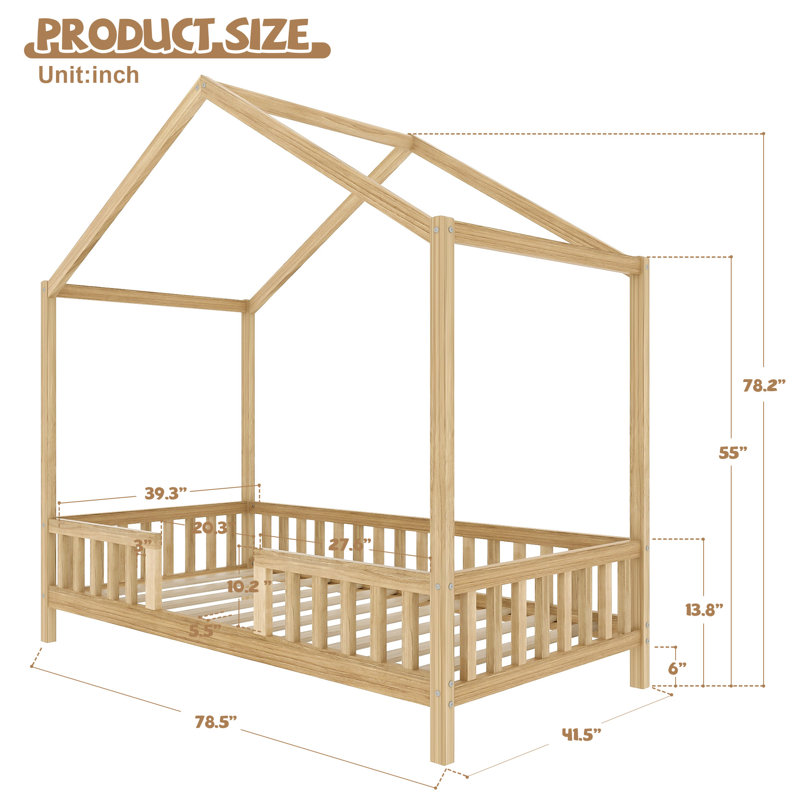 Lit simple pour enfant avec baldaquin Montessori, Naturel, Lit simple