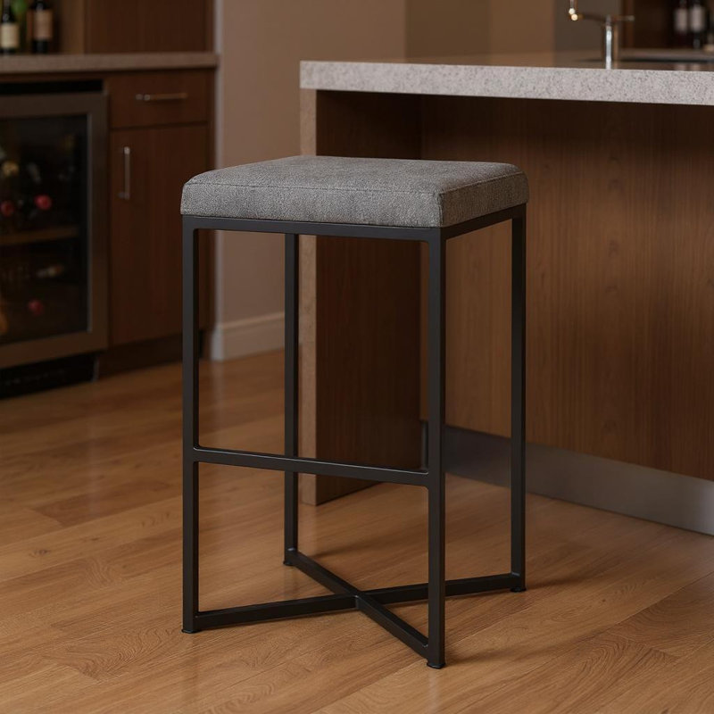 30" Grey and Black Fabric and Iron Backless Bar Height Bar Chair