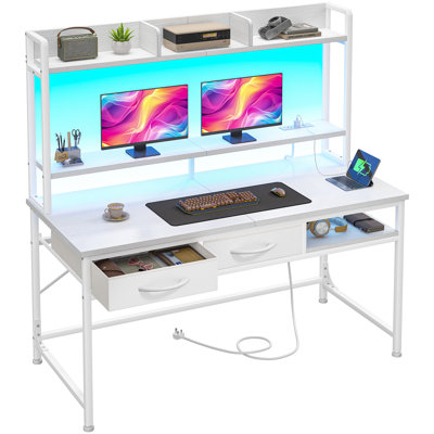 61.1"H Computer Desk with Hutch & Monitor Stand,Gaming Desk with LED &Power Outlet,Writing Desk with 2 Drawers &1 Open Storage, Office Desk for Bedroom, Home Office, Small Space