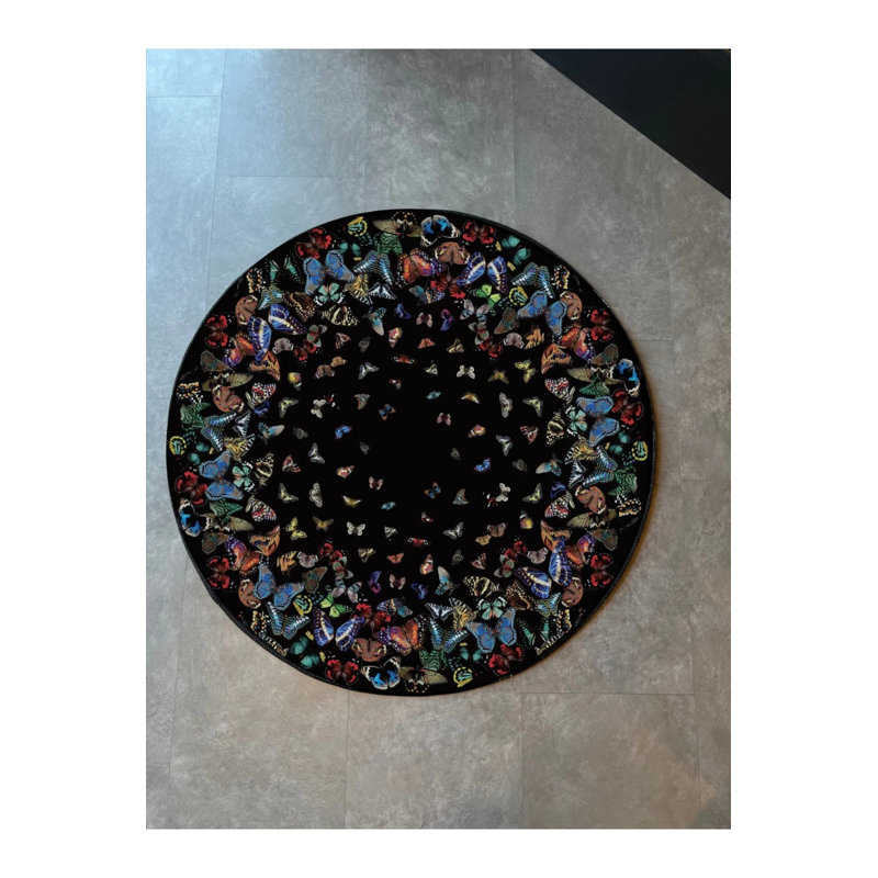 Black Butterfly Themed Woven Floor Rug, Round 2'8"