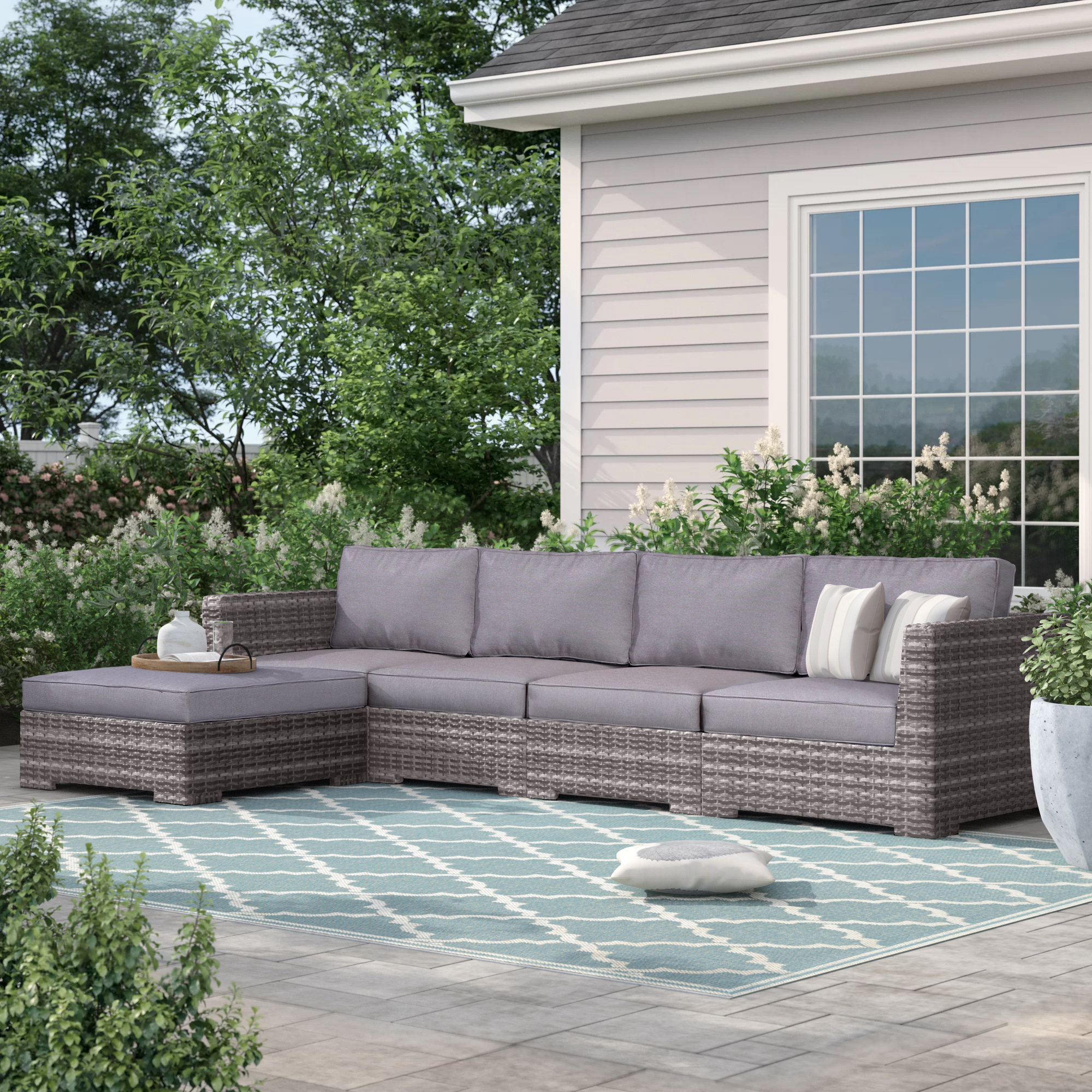 McDougal 122'' Wide Straight Premium All-Weather Wicker Patio Sectional with Cushions, Mixed Gray