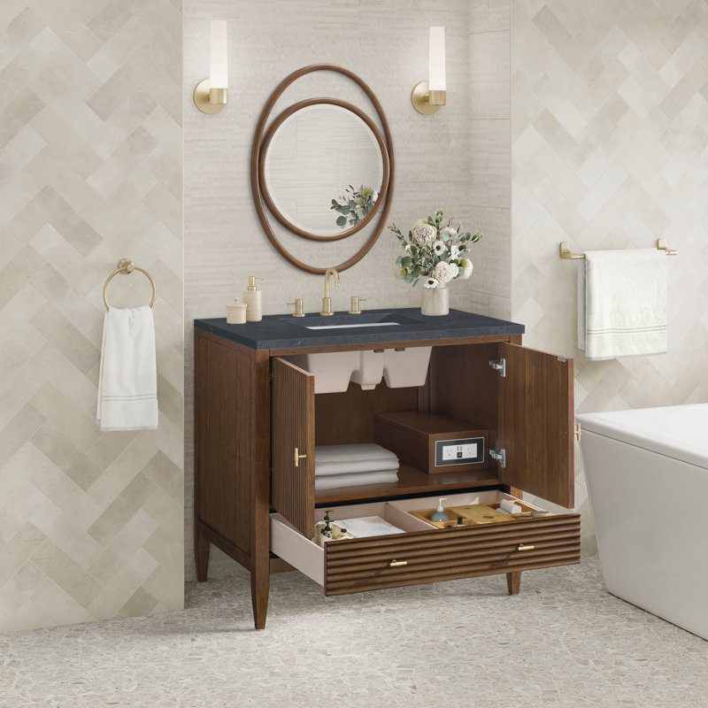 Myrrin 36'' W Single Vanity, Mid-Century Walnut, Charcoal Soapstone, 8" Widespread