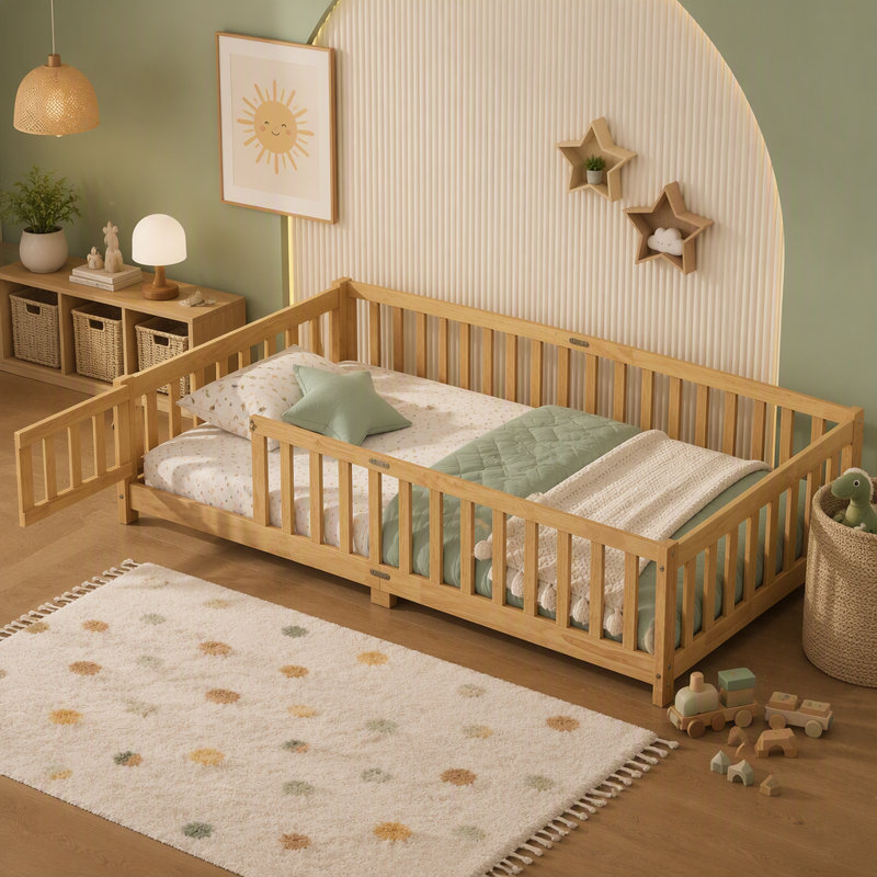 Lit simple au sol en bois d'hévéa avec garde-corps de sécurité et porte tournante pour enfants, idéal pour les pièces compactes et la période de transition