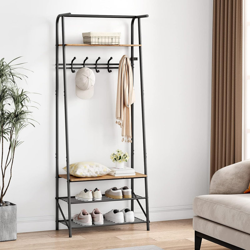 Entryway Shoe Storage With Coat Rack, Black/Brown
