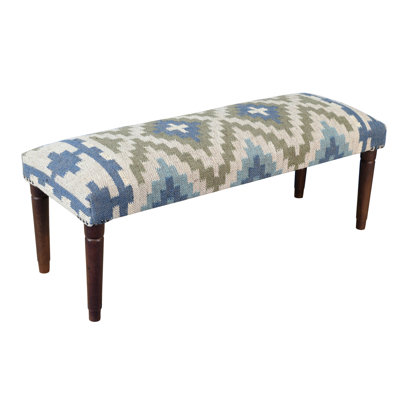 Sage Green / Blue Handmade Southwestern Jute & Wool Upholstered Entryway Bench