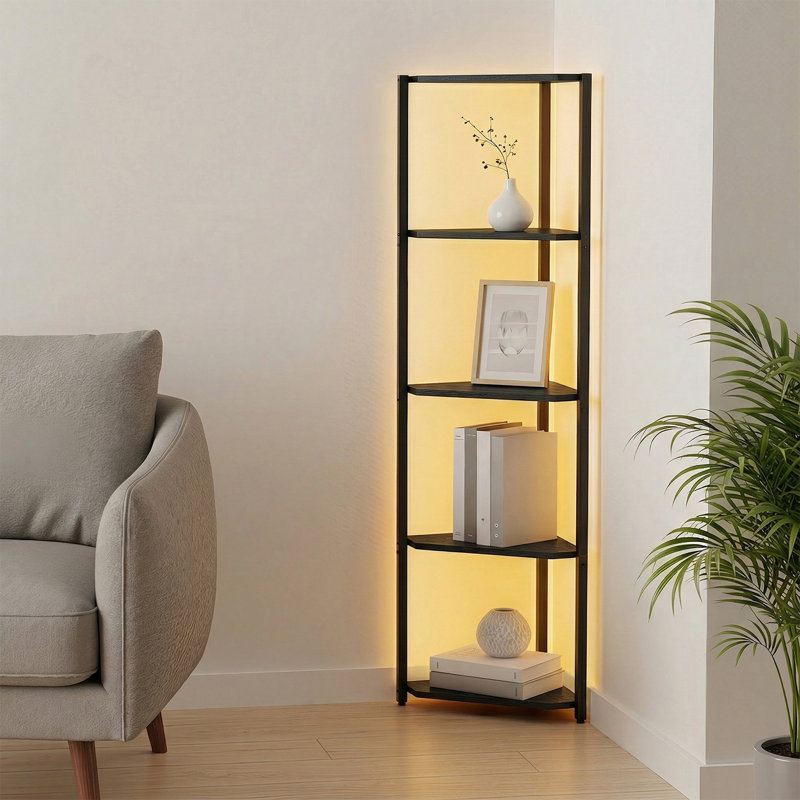 5-Tier Corner Bookcase with LED Lights, Black