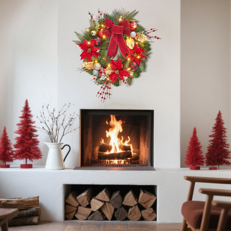 Couronne de Noël 24 po avec 20 modes d'éclairage DEL, couronne de fêtes pré-éclairée avec ornements brillants et ruban