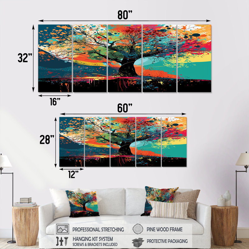 «Autumn Color Splash Tree On Mountain - Botanicals», art mural 5 pièces, H 32 po x l 80 po