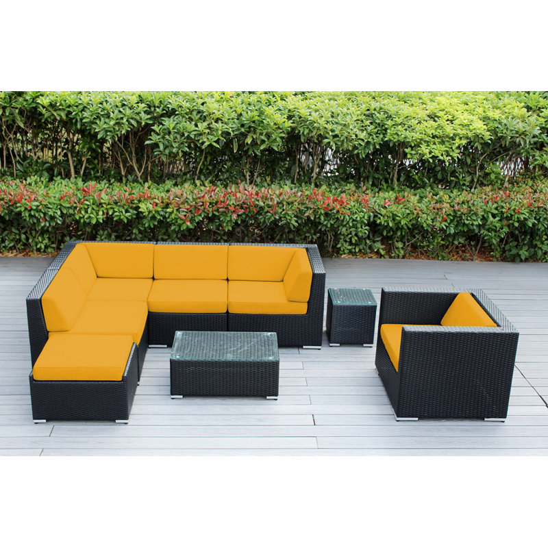 Ensemble de conversation en osier pour 6 personnes avec coussins - aucun assemblage, Toile toile Sunbrella® charbon