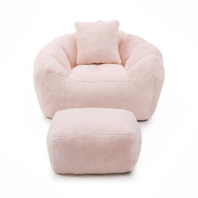 Giant Bean Bag Chair With Footstool, Oversized Bean Bag, Faux Fur Shell-Shaped Large Chair With Filler, Stuffed Big Accent Sofa, Floor Sofa For Gaming,Reading Living Room Bedroom