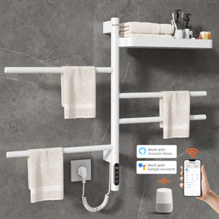 Porte-serviettes chauffant rotatif intelligent pour la salle de bain SIOYIE, sèche-serviettes électrique mural 70W avec barres pivotantes, minuterie 1-24H, 115 ℉ -155 ℉, chauffe-serviettes avec contrôle d'application Wi-Fi, acier à faible teneur e