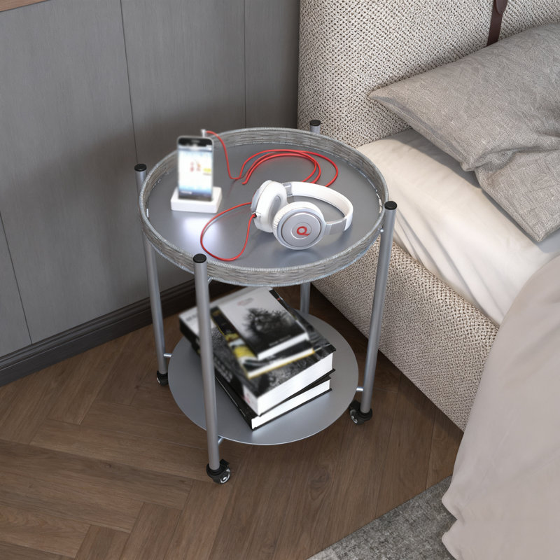1pc Round Coffee Table With Wheels | 2-tier Silver Gray Metal Side Table, 15.75x15.16x23.43in, Detachable Movable Bedside Nightstand, Smooth Glide/2-tier Storage, For Bedroom/living Room/next To Sofa