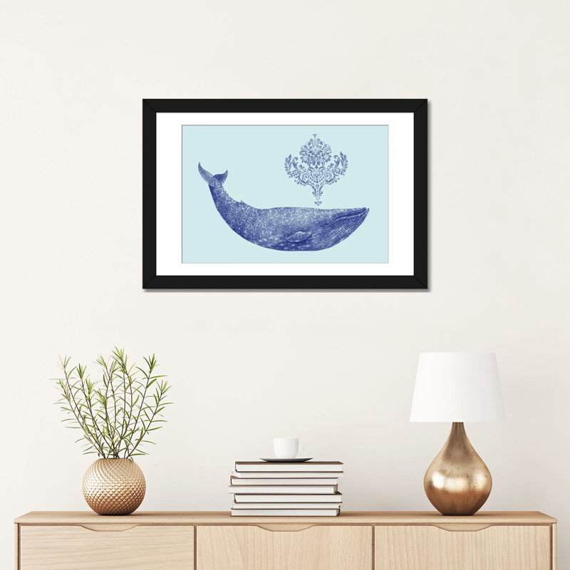 «Damask Whale # 2», impression sur toile, H 16 po x l 24 po x P 1 po, Papier beaux-arts encadré noir, Blanc