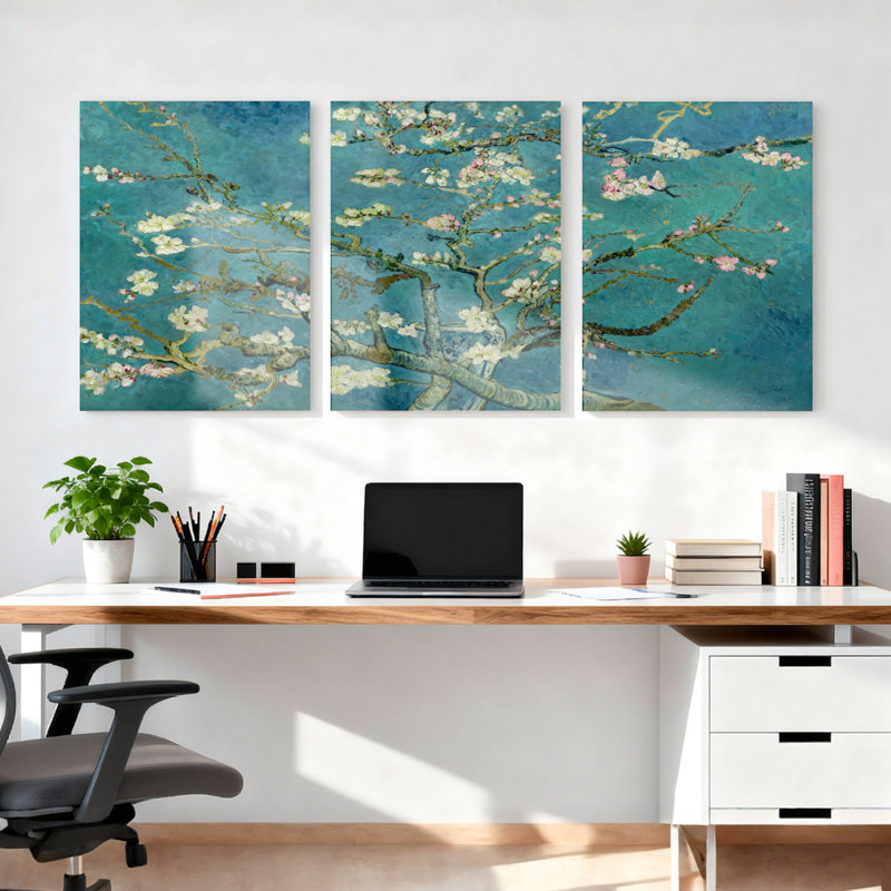 Ensemble de 3 tableaux muraux sur toile de style Van Gogh « Amandier en fleurs »., H 36 po x l 72 po