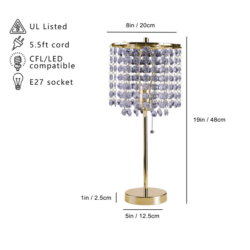 Lampe de table en cristal doré 19 pouces avec perles de cristal suspendues - Finition or polie pour les salons glamour et transitionnels