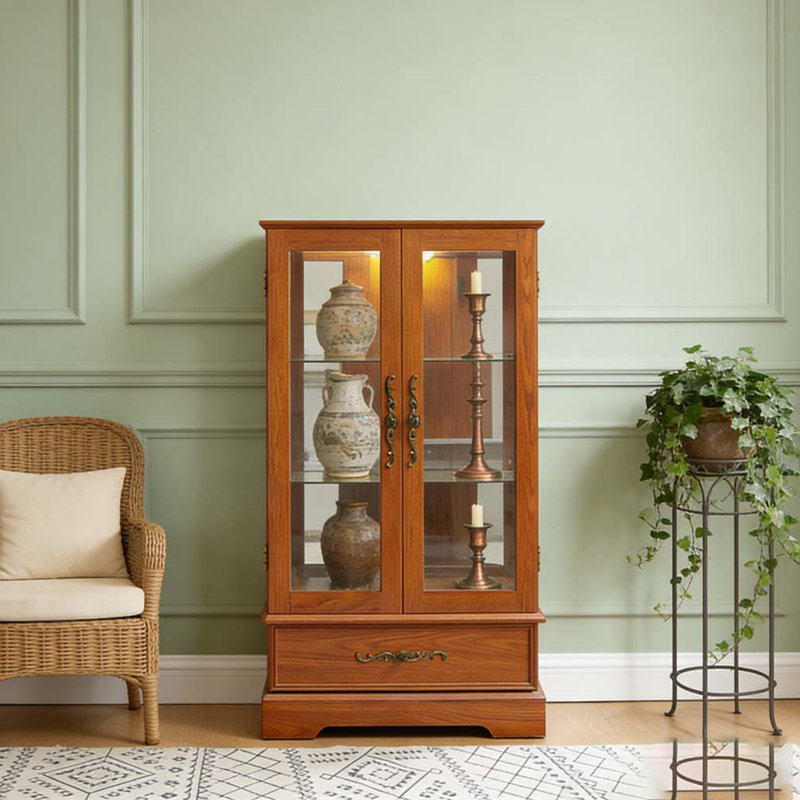 Vitrine lumineuse en verre avec tablettes réglables, Chêne foncé