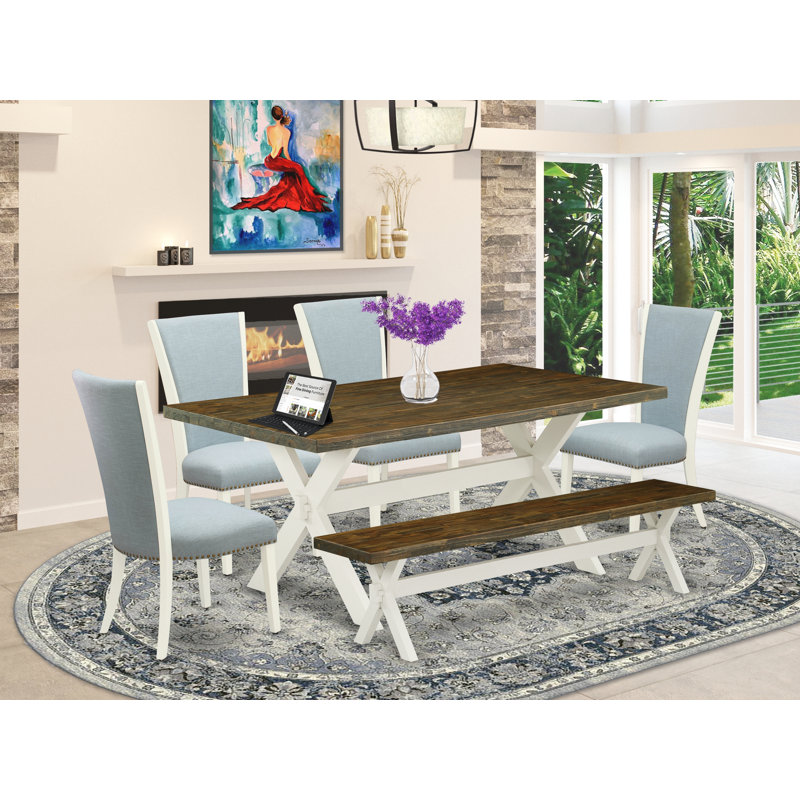 6 Piece Dining Table Set Contains a Rectangle Dining Room Table and 4 Baby Blue Linen Fabric Parson Chairs with a Bench, linen white 