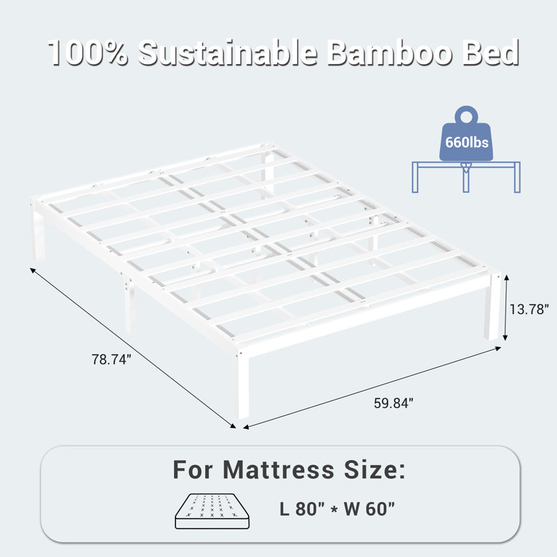Lit plateforme avec base en bambou et lattes, Grand lit, Blanc