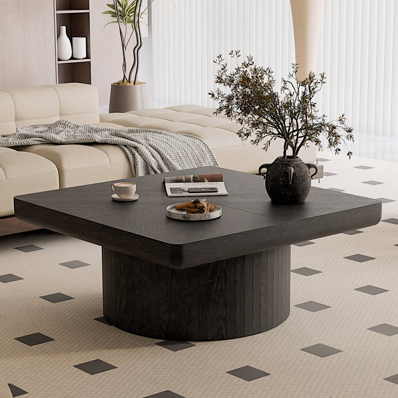 Table basse carrée de 34,6 po pour le salon, plateau moderne en placage de bois avec motif de parquet et base cylindrique, plateau de table épaissi, assemblage facile, noir