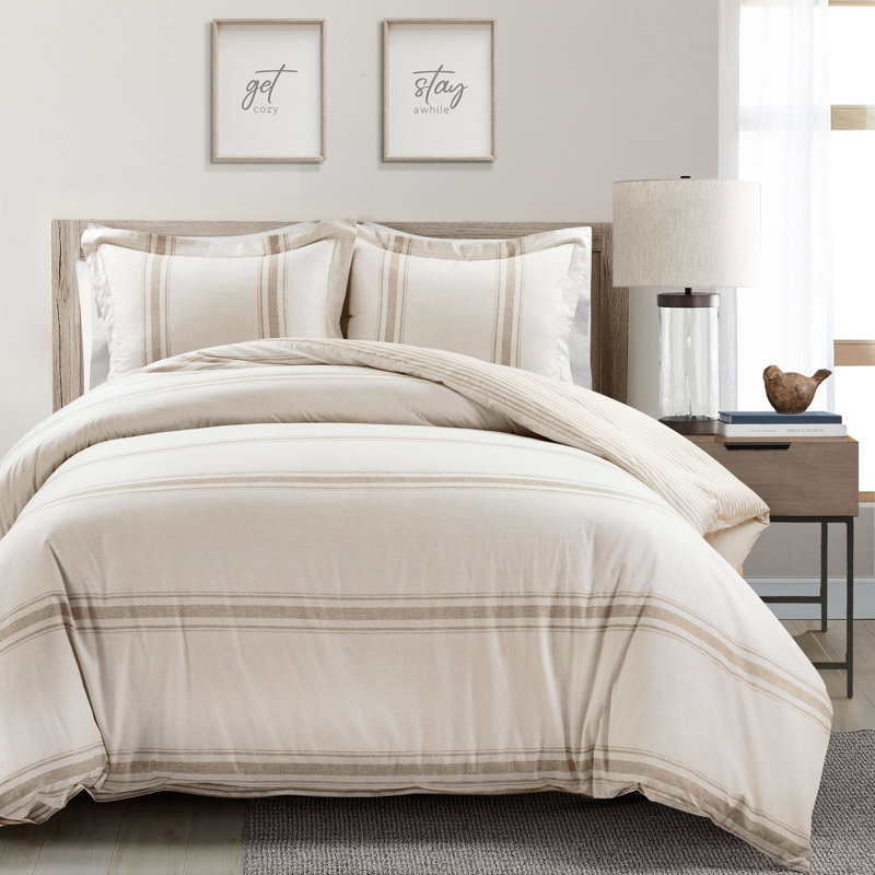 Standard Cotton 460 TC Reversible 3 Piece Duvet Cover Set, King Duvet Cover + Standard 2 Shams, Neutral