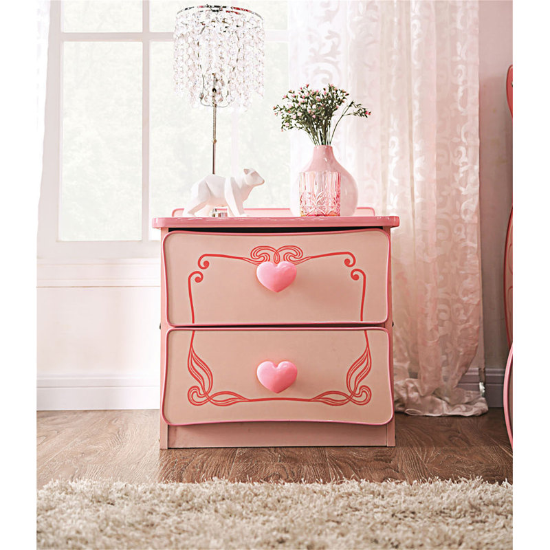 Charming Wooden Nightstand With Heart-Shaped Drawer Pulls And Delicate Accents, Perfect For A Princess Room.