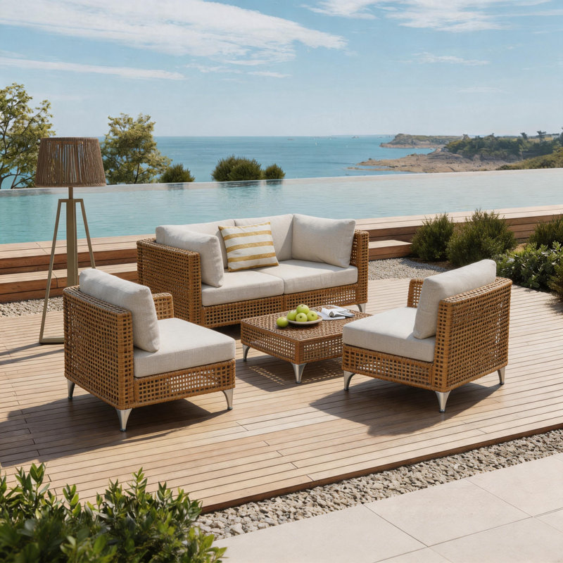 Natural Wicker Outdoor Conversation Set, Modular Patio Furniture With Cushions