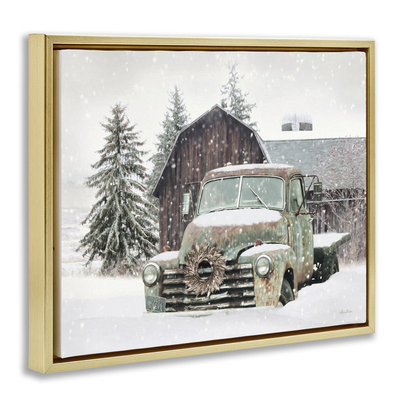 Camion et grange d'hiver rustique, Cadre flottant métallique doré, H 25 po x l 31 po