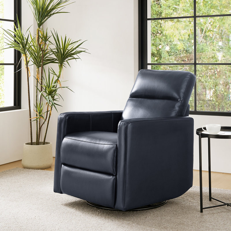 Sumbul Genuine Leather Upholstered Swivel Rocker Recliner, Navy Blue Leather