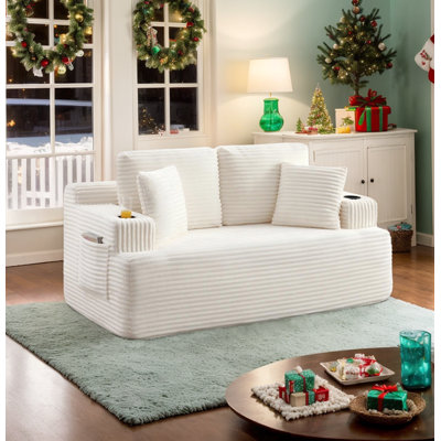 Eyisean 66" Boneless Loveseat Sofa, Corduroy Upholstered Compression Couch with Cup Holders & Side Pockets, Throw Pillow, 2 Seater Cloud Floor Couch for Living Room, Apartment, Small Space, No Assembly Required