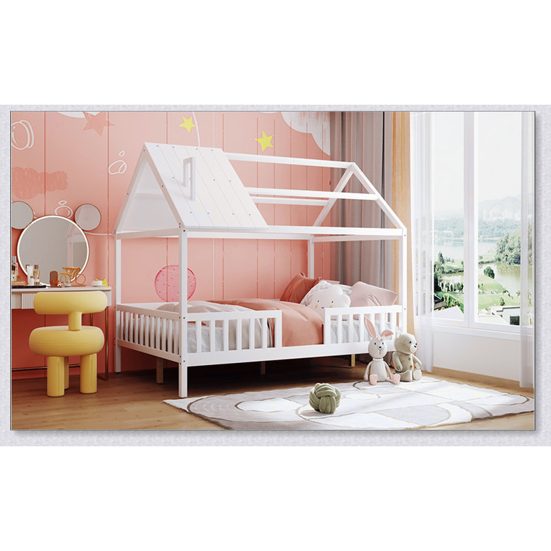 Wood House Bed With Fence, Full, White