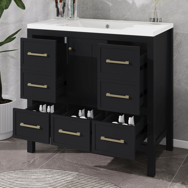 36" Bathroom Vanity Without Sink, Solid Wood Cabinet With 5 Drawers And Soft Closing Doors, Freestanding Design, Black