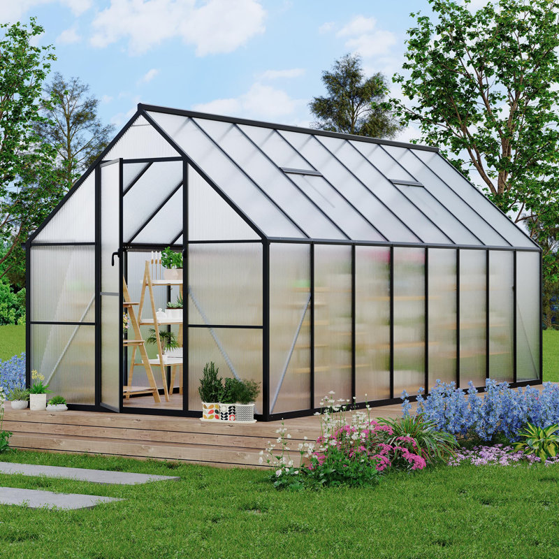 Serre en polycarbonate 8 * 16FT pour l'extérieur, grande serre avec structure à installation rapide, Noir
