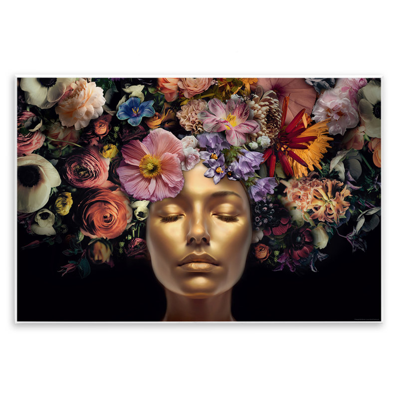 «Gold Face with Flowers», art mural sur bois par Reinders, H 13 po x l 19 po