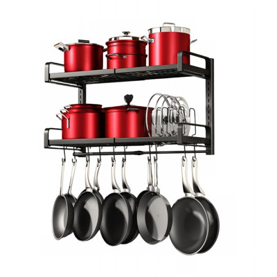 Expandable Hanging Pot Rack, 2 Tier Heavy Duty Wall Mounted Pots and Pans Organizer with 10 Hooks and 5 Pot Lid Holders, Pot Hanger Shelf for Kitchen Cookware Utensils Organizers and Storage, (Black)