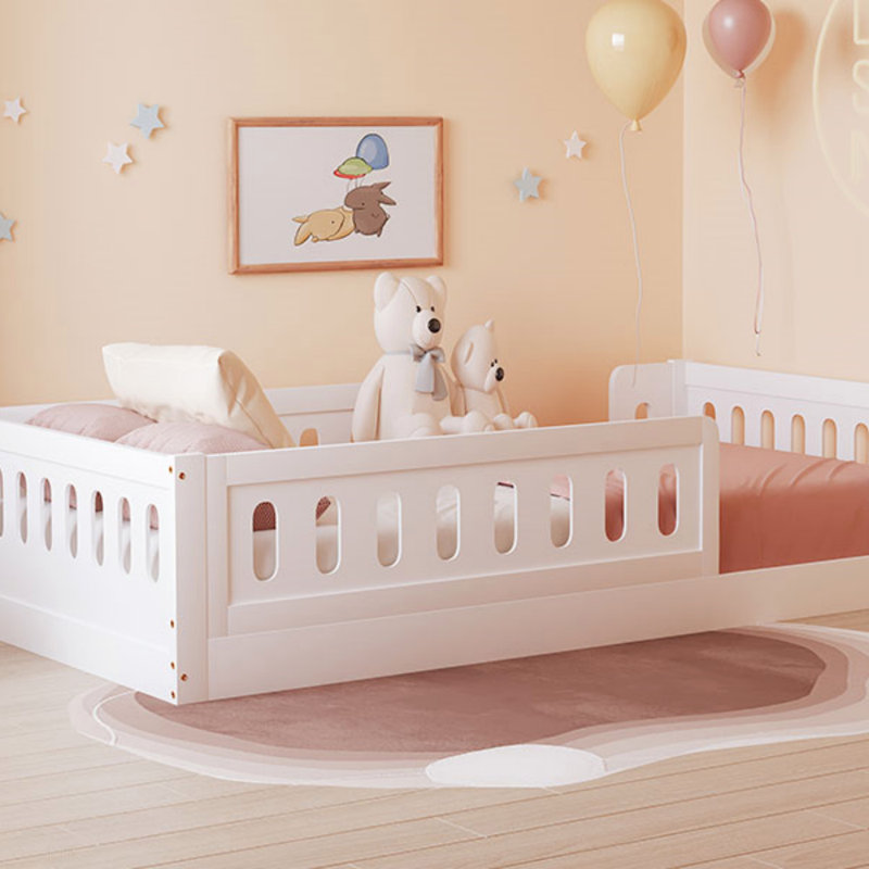 Lit plateforme en bois avec garde-corps et base de lit, White